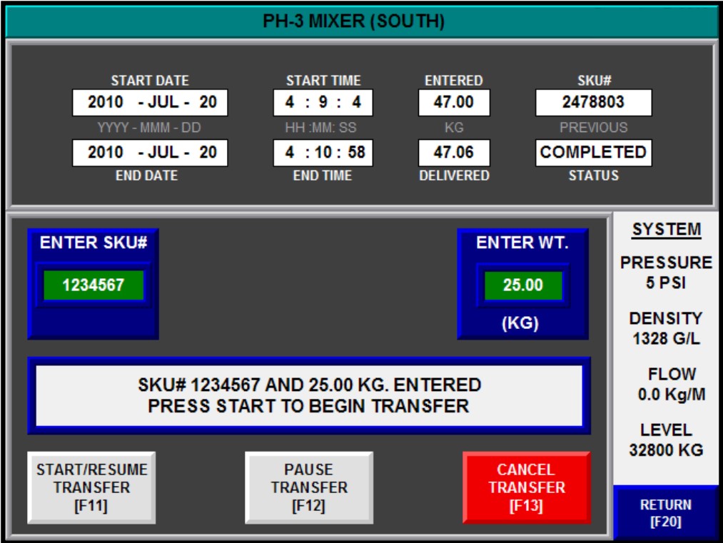 HMI screen, showing mixer transfer line